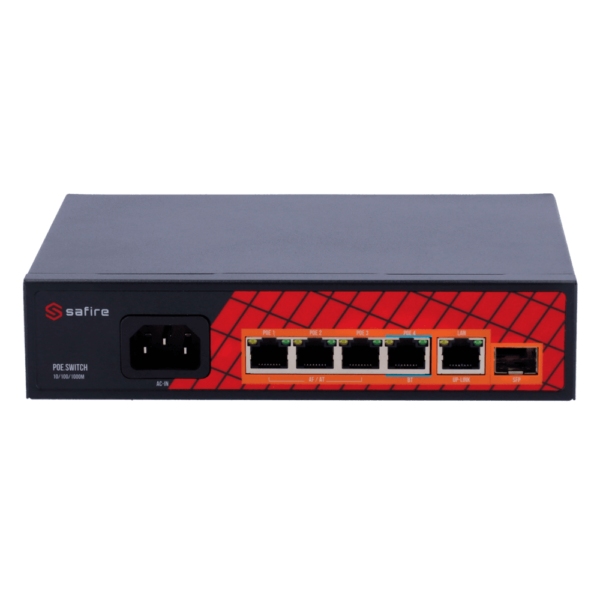 Switch de mesa 4 portos RJ45 10/100/1000 Mbps 3 Portas PoE+ 30W 802.3af/at + 1 Porta Hi-PoE 60W 802.3bt - SF-SW0604HIPOE-GF-65