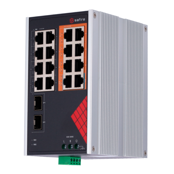 Switch Industrial IP40 Fonte de alimentação AC 16 portas RJ45 Gigabit 10/100/1000 Mbps - SF-SWI1808HIPOE-GF-AC-130-DIN