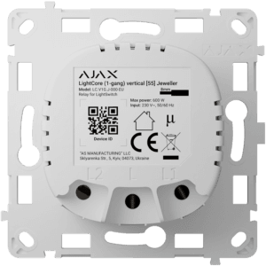 Relé de interrutor inteligente simples vertical - Sem fios 868 MHz Jeweller - Alcance de comunicação até 1100 m - Fonte de alimentação 230 V AC 50 Hz - Não há necessidade de cabo neutro - Ajax - LightSwitch LightCore Vertical (1 Gang)