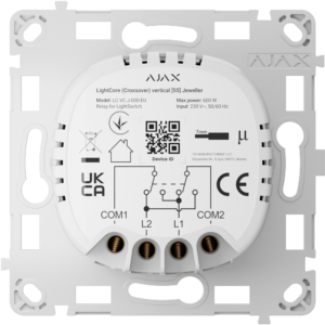 Relé para o interrutor das luzes de cruzamento verticais - Sem fios 868 MHz Jeweller - Alcance de comunicação até 1100 m - Fonte de alimentação 230 V AC 50 Hz - Não há necessidade de cabo neutro - Ajax - LightSwitch LightCore Vertical (Crossover)