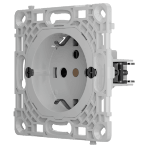 Tomada básica vertical tipo F - Fonte de alimentação 250 V AC 50/60 Hz - Até 3.6 kW (carga resistiva a 250 V) - Proteção contra poeiras e salpicos - Anti-inserção de objectos - Sem controlo remoto