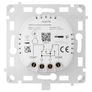 Relé para o interrutor das luzes de cruzamento - Sem fios 868 MHz Jeweller - Alcance de comunicação até 1100 m - Fonte de alimentação 230 V AC 50 Hz - Não há necessidade de cabo neutro - Ajax - LightSwitch LightCore (Crossover)