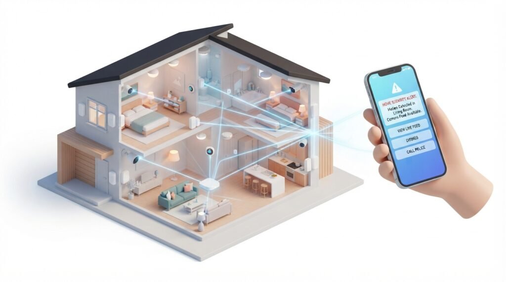 Ecossistema de segurança inteligente residencial com sensores sem fios e câmaras conectadas à automação smart home.