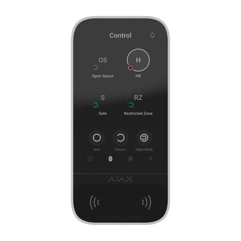 Teclado com ecrã tátil e RFID - Grau 2 - Sem fios 868 MHz Jeweller - Ativação/desativação total ou em grupo - Controlo dos cenários de automatização - Autenticação: códigos