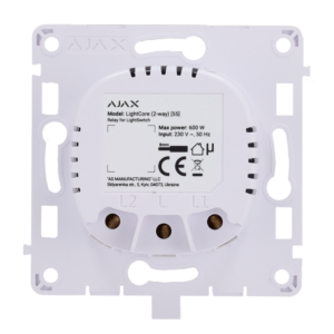 Relé para interruptor de luz comutável - Sem fios 868 MHz Jeweller - Alcance de comunicação até 1100 m - Fonte de alimentação 230 V AC 50 Hz - Não há necessidade de cabo neutro - Ajax - LightSwitch LightCore (2 Way)