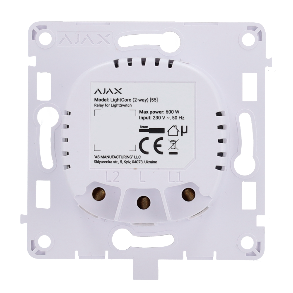 Relé para interruptor de luz comutável - Sem fios 868 MHz Jeweller - Alcance de comunicação até 1100 m - Fonte de alimentação 230 V AC 50 Hz - Não há necessidade de cabo neutro - Ajax - LightSwitch LightCore (2 Way)