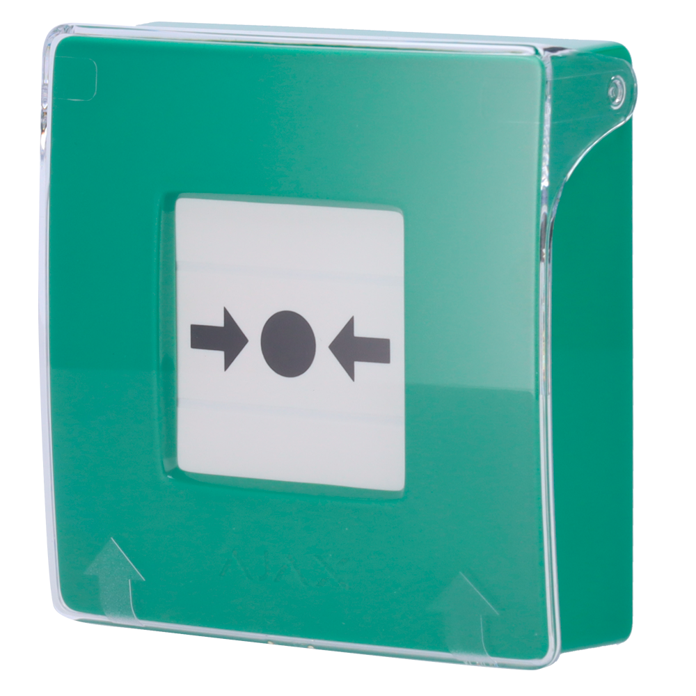 Botão verde de alarme manual de incêndio - Sem fios 868 MHz Jeweller - Botão de alarme de incêndio ou ativador de cenário - Compatível com a função de alarme interligado - Transmissão de alarme para o ARC (configurável) - Alimentação 2 pilhas CR123A